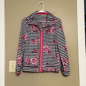 Chicos Zenergy Neema Striped Floral ZipUp Jacket Black White Pink UPF Size 1/M/8